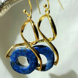 Lapis Lazuli Earrings with Twisted Gold Tone Settings Handmade